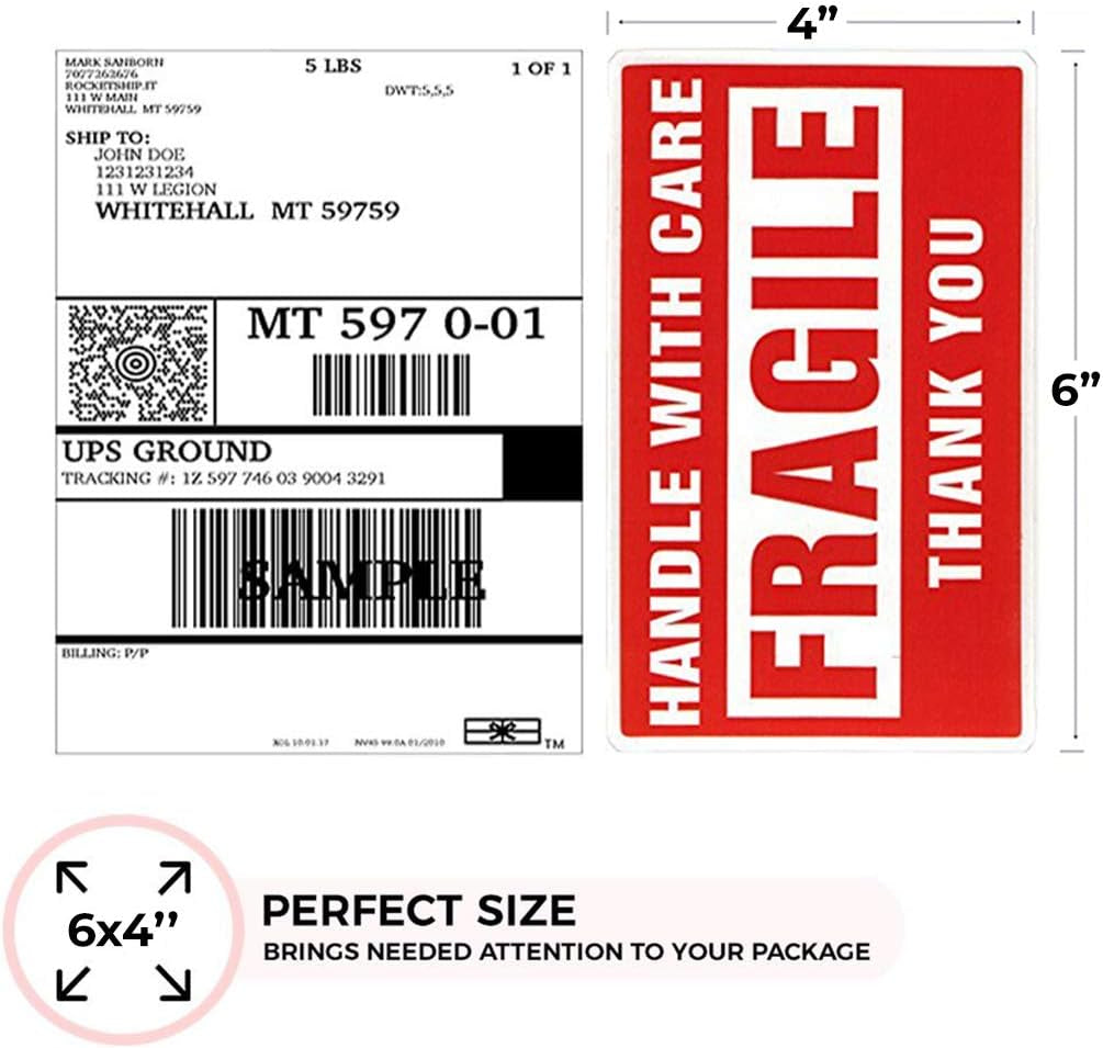 - 4 X 6 Inch Large Fragile Stickers Handle with Care Warning Packing Shipping Label - Permanent Adhesive (1 Roll, 500 Labels)